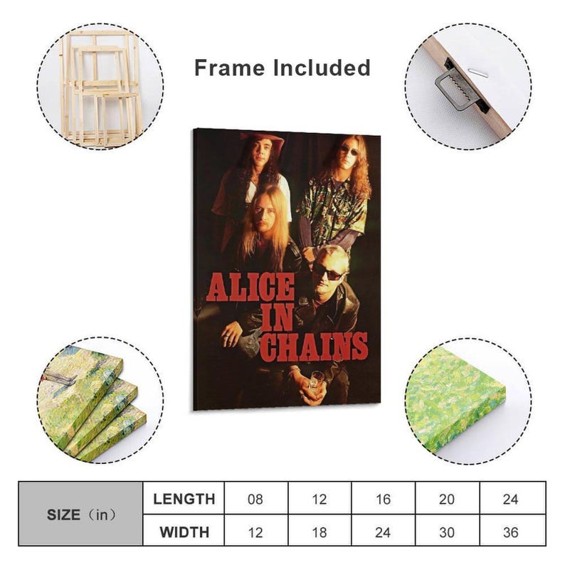Puede incluir: Un lienzo rectangular con la banda Alice in Chains y el texto ALICE IN CHAINS en rojo. El producto incluye un marco de madera, un soporte met&aacute;lico para colgar y una tabla que muestra los tama&ntilde;os disponibles en pulgadas de 8x12 a 24x36.
