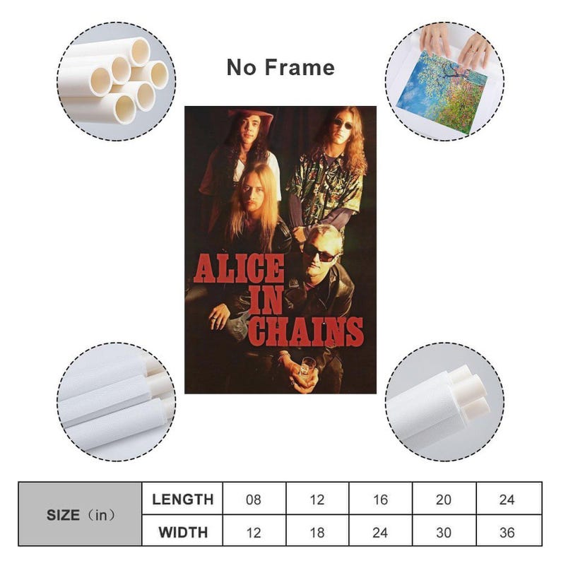 Puede incluir: Un lienzo rectangular sin marco que muestra a la banda Alice in Chains con el texto ALICE IN CHAINS en letras rojas. La imagen incluye recuadros circulares que muestran el material de lienzo blanco enrollado y una tabla de tama&ntilde;os en pulgadas.