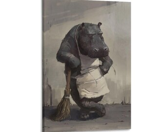 May include: A canvas print featuring a whimsical illustration of a hippo wearing a white apron and holding a broom. The hippo is depicted in a serious pose, with a neutral background. The artwork has a painterly style and a muted color palette.
