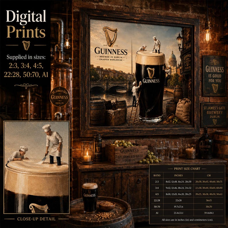 Rustic brewery taproom mockup displaying Guinness-inspired Dublin stout wall art in a distressed wooden frame. The artwork features tiny brewers working atop a giant pint of Guinness surrounded by historic Dublin architecture, wooden barrels, hops, and brewing supplies. Warm industrial lighting, copper brewing equipment, and Guinness-themed décor complement the scene. Includes close-up detail panel, digital print information, and printable size chart.