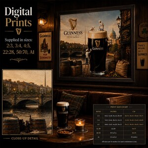 Traditional Irish pub booth mockup displaying Guinness-inspired Dublin stout wall art above dark wood paneling and leather seating. The artwork features a giant pint of Guinness being crafted by miniature brewers against a scenic Dublin backdrop with bridges, historic buildings, and brewery details. Includes digital print information, close-up detail image, and printable size chart.