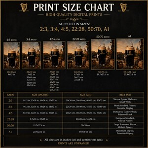 Printable wall art size chart for Guinness-inspired Dublin digital download artwork. Displays all included aspect ratios including 2:3, 3:4, 4:5, 22:28, 50:70, and A1 formats with corresponding inch and centimetre dimensions. Features preview examples of the artwork in each ratio and a detailed reference table to help buyers choose the ideal print size for their home, office, bar, or man cave décor.