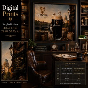 Elegant gentleman’s study mockup featuring Guinness-inspired Dublin beer artwork in a large dark frame. The whimsical design shows tiny brewery workers scaling ladders to perfect the foam atop a giant pint of stout. Rich leather furniture, bookshelves, Irish whiskey décor, and warm lighting create a sophisticated atmosphere. Includes close-up detail panel and printable size chart.
