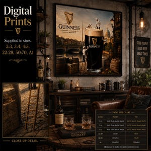 Industrial-style whiskey lounge mockup featuring Guinness-inspired Dublin stout wall art in a black frame. The artwork showcases miniature brewers working on a towering pint of Guinness against a detailed Dublin cityscape with riverside bridges and brewery elements. Includes close-up detail highlighting ladder and cobblestone textures, digital download information, and printable size chart for wall art enthusiasts.