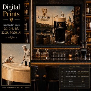 Upscale home bar mockup displaying whimsical Guinness-inspired Dublin wall art above a marble-backed drinks station. The artwork features a giant pint of Guinness crafted by miniature brewers with ladders, barrels, and historic Irish scenery. Surrounded by premium whiskey bottles and glassware, the scene includes a close-up detail inset and printable size chart for digital downloads.