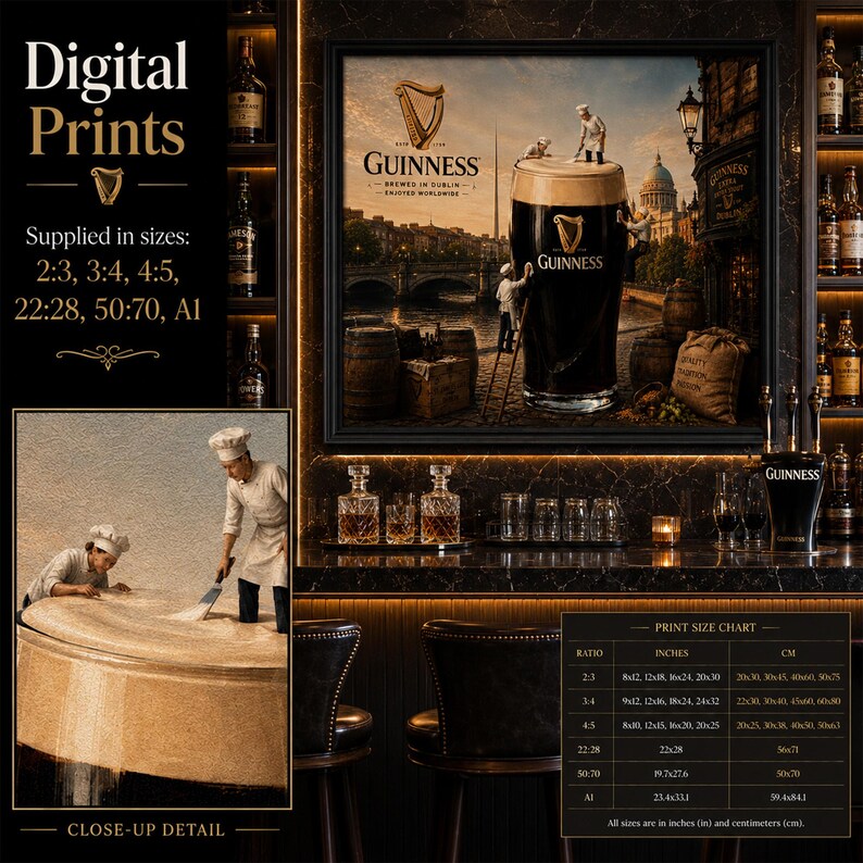 Upscale home bar mockup displaying whimsical Guinness-inspired Dublin wall art above a marble-backed drinks station. The artwork features a giant pint of Guinness crafted by miniature brewers with ladders, barrels, and historic Irish scenery. Surrounded by premium whiskey bottles and glassware, the scene includes a close-up detail inset and printable size chart for digital downloads.