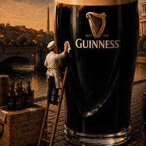 Extreme close-up of the Guinness-inspired Dublin artwork highlighting a miniature brewery worker standing on a wooden ladder while polishing the side of a giant pint of Guinness. Rich painterly textures, warm golden reflections on the River Liffey, historic Dublin architecture, brewery crates, and Guinness bottles are showcased in intricate detail. Perfectly demonstrates the craftsmanship and whimsical storytelling elements within the digital wall art design.