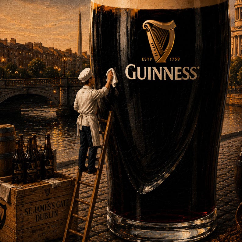 Extreme close-up of the Guinness-inspired Dublin artwork highlighting a miniature brewery worker standing on a wooden ladder while polishing the side of a giant pint of Guinness. Rich painterly textures, warm golden reflections on the River Liffey, historic Dublin architecture, brewery crates, and Guinness bottles are showcased in intricate detail. Perfectly demonstrates the craftsmanship and whimsical storytelling elements within the digital wall art design.