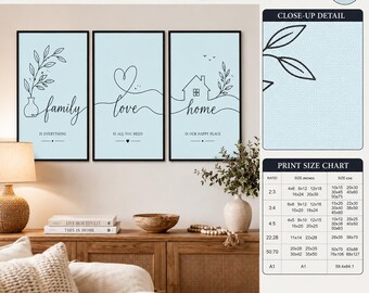 Scandinavische drieluik muurkunst digitale download, minimalistische lijntekeningen familie liefde thuis