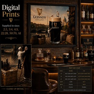Luxury Irish whiskey bar mockup showcasing Guinness-inspired wall art featuring a giant pint of stout along Dublin’s riverside. Miniature brewery workers carefully polish and construct the iconic pint while barrels and brewing supplies line the foreground. Surrounded by whiskey bottles, crystal decanters, and warm ambient lighting, with digital download details, close-up inset, and print size chart.