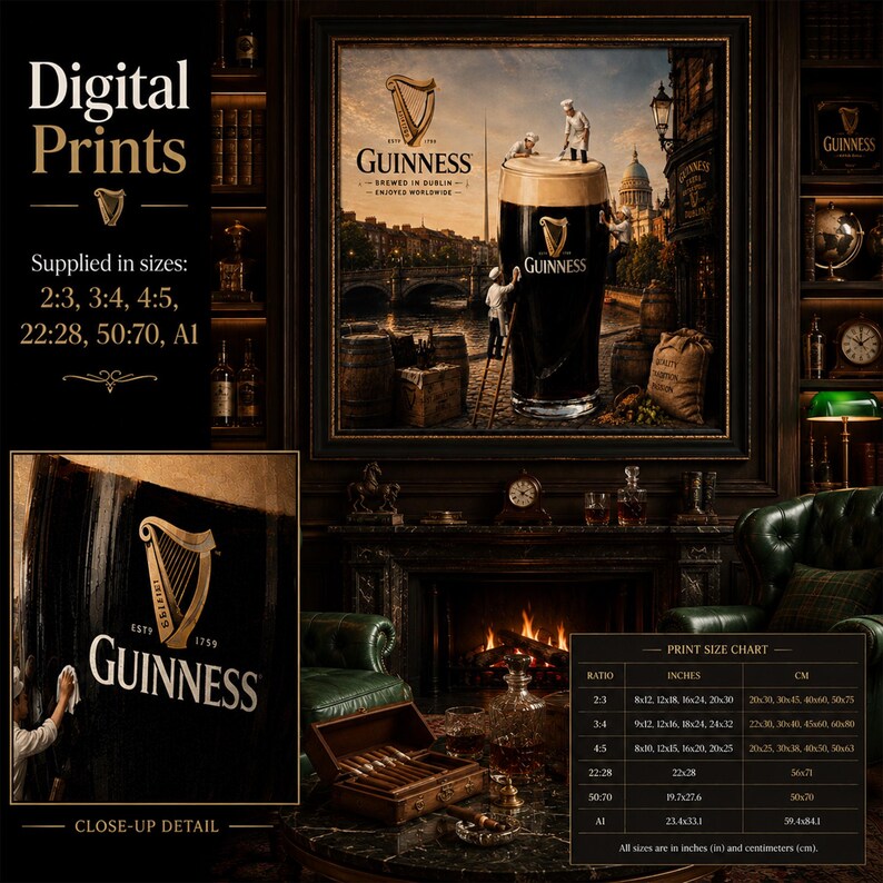 Sophisticated gentleman’s library mockup showcasing Guinness-inspired Dublin beer artwork above a grand fireplace. The whimsical design depicts miniature brewery workers polishing and crafting a towering pint of Guinness against a scenic Dublin riverside backdrop with historic bridges and landmarks. Rich wood shelving, leather seating, whiskey accessories, and warm lighting create a refined atmosphere. Includes close-up artwork detail, digital download information, and print size chart.