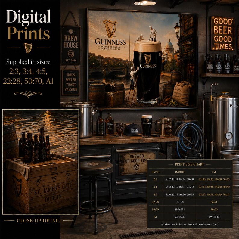 Industrial home brewery mockup displaying Guinness-inspired Dublin stout wall art in a large frame above brewing equipment and stainless-steel tanks. The artwork features miniature brewers working atop a giant pint of Guinness with barrels, brewing crates, and historic Dublin scenery. Includes digital print information, close-up detail panel, and printable size chart, ideal for craft beer enthusiasts.