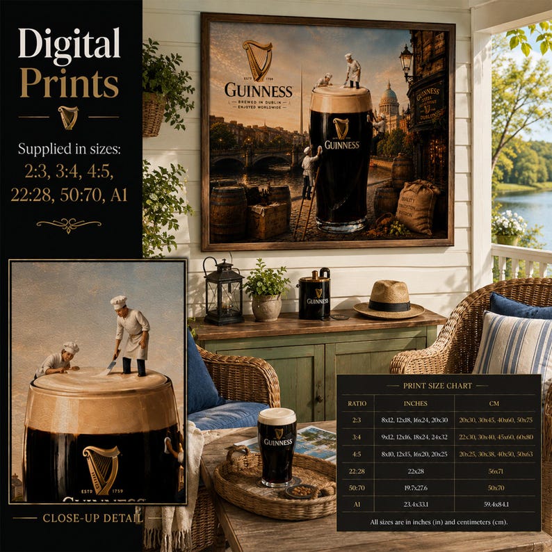 Rustic lakeside porch mockup featuring whimsical Guinness-inspired wall art showing a giant pint of stout beside Dublin’s riverfront. Tiny brewery workers stand on ladders crafting the creamy foam head while historic Irish architecture, wooden barrels, and brewing ingredients surround the scene. Includes digital download information, close-up detail inset, and printable size chart, creating a cozy Irish pub and brewery décor aesthetic.