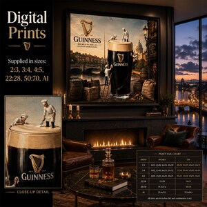 Luxury penthouse lounge mockup featuring whimsical Guinness-inspired Dublin wall art above a sleek fireplace with panoramic city views at dusk. The artwork showcases miniature brewery workers crafting the creamy foam atop a giant pint of Guinness beside Dublin’s iconic riverside landmarks, barrels, and brewing ingredients. Includes digital download information, close-up detail inset, and printable size chart, creating an elegant Irish pub-inspired décor statement.
