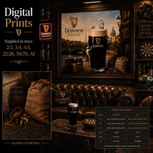Luxury man cave mockup showcasing Guinness-inspired wall art featuring a giant pint of stout surrounded by Dublin landmarks, barrels, and brewing ingredients. Miniature brewery workers climb ladders and shape the creamy head of the beer. The room includes leather seating, sports memorabilia, Guinness décor, close-up artwork detail, digital print information, and a print size chart.
