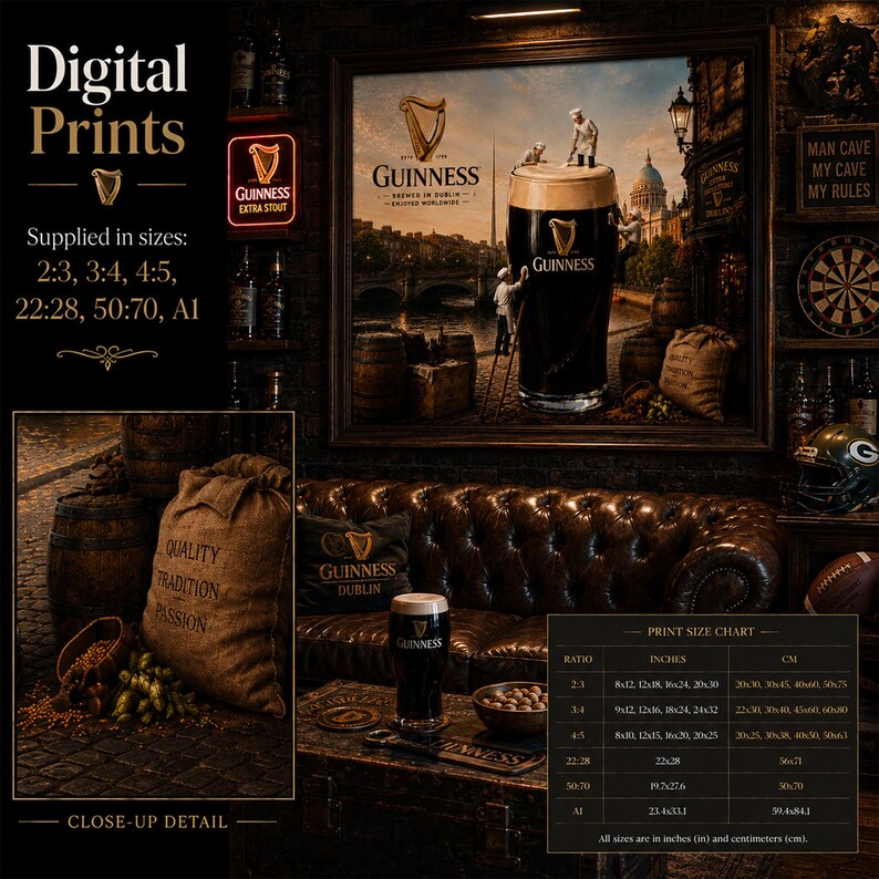 Luxury man cave mockup showcasing Guinness-inspired wall art featuring a giant pint of stout surrounded by Dublin landmarks, barrels, and brewing ingredients. Miniature brewery workers climb ladders and shape the creamy head of the beer. The room includes leather seating, sports memorabilia, Guinness décor, close-up artwork detail, digital print information, and a print size chart.