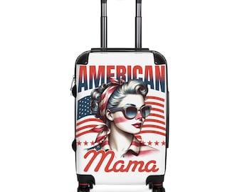 American Mama Suitcase | Patriotic Retro Woman, USA Flag Travel Luggage | carry on
