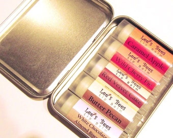 Gift Set of Lip Balms - All Natural Tasteful Treats Collection - 5 Bakery Flavored Beeswax Lip Balm Tubes in a Hinged Tin