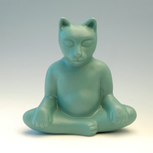 Buddha Cat,  Zen Art Pottery, Handmade Meditating Yoga Cat  Sculpture,  Jade Green