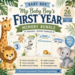 Puede incluir: Un paquete de recuerdos imprimible titulado My Baby Boy's First Year con ilustraciones de una jirafa, un león y un elefante. El conjunto incluye 26 páginas con rastreadores de sueño, primeros pasos y hitos mensuales, decorado con hojas de selva.