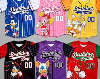 Maillot de baseball anniversaire Sonic personnalisé | Prénom personnalisé, anniversaire garçon/fille, t-shirt familial Sonic Squad, tenue de fête personnages Sonic