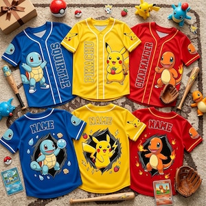 May include: Baseball jerseys in blue, yellow, and red, featuring popular characters. The jerseys display the names SQUIRTLE, PIKACHU, and CHARMANDER, along with the option to add a custom "NAME". Baseball bats, gloves, and character figurines are also present.