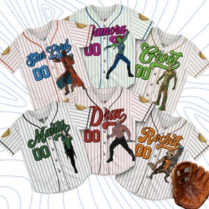 May include: Baseball jerseys featuring characters from Guardians of the Galaxy. Each jersey has a character's name and number on the front, with pinstripes and character illustrations. A brown baseball glove is in the bottom right corner.