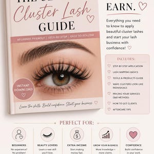 以下が含まれることがあります： 「The Ultimate Cluster Lash Guide」というタイトルの本で、長いまつげの目のクローズアップがあります。本の表紙は白で、ピンクのアクセントとテキストがあります。このガイドは、初心者にクラスターまつげの適用方法とまつげビジネスの開始方法を教えることを約束します。