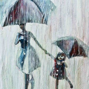 Sisters. 2011 Oil Painting, Print on Rolled canvas, Fine art print, Painting Umbrellas ans rain image 2