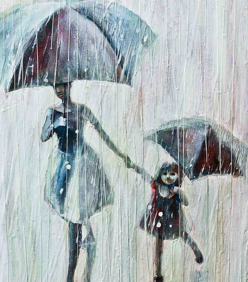 Sisters. 2011 Oil Painting, Print on Rolled canvas, Fine art print, Painting Umbrellas ans rain image 2