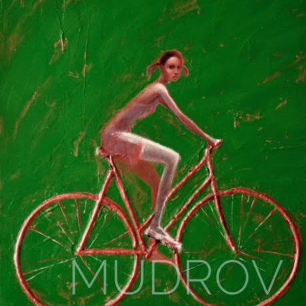 Red bike on green!2015  Oil painting  on rolled canvas. Fine art print Girl on the Bike