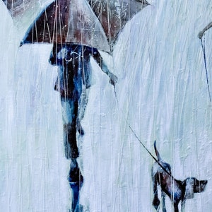 Two people, two dogs and rain .2011 Oil Painting, Original Oil Painting Print on rolled Canvas image 4