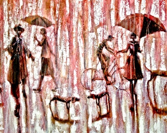Dog Park.  2009     Oil Painting print on rolled  canvas Fine Art Print. Painting Umbrellas, rain, dog
