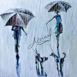 Two people, two dogs and rain .2011 Oil Painting, Original Oil Painting Print on rolled Canvas image 1