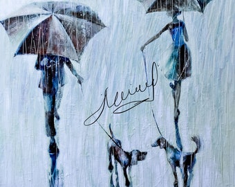 Two people, two dogs and rain .2011 Oil  Painting, Original Oil Painting Print on rolled Canvas