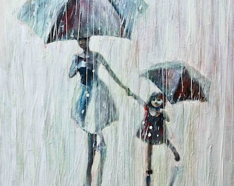 Sisters.    2011  Oil Painting, Print on  Rolled canvas, Fine art print, Painting Umbrellas ans rain