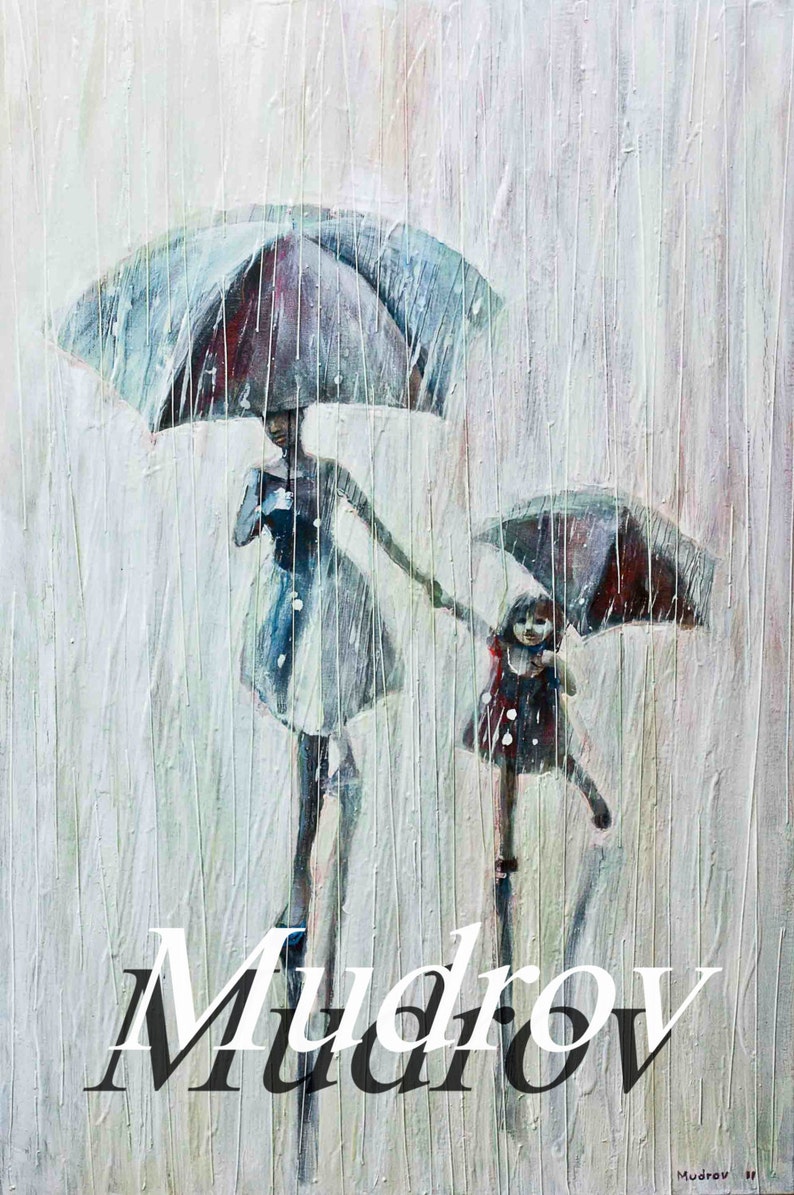 Sisters. 2011 Oil Painting, Print on Rolled canvas, Fine art print, Painting Umbrellas ans rain image 1