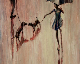 Four on the road.     2012    Oil Painting  print on  Rolled Canvas Fine Art Print, Painting Umbrellas, rain, dogs