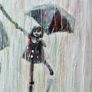 Sisters. 2011 Oil Painting, Print on Rolled canvas, Fine art print, Painting Umbrellas ans rain image 3