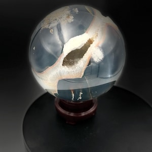 7.8kg (17lbs) 7”  Druzy Agate Geode Sphere – Natural Crystal Window, Translucent Gray Quartz, Statement Crystal Ball
