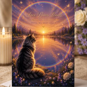 May include: A rectangular greeting card featuring a fluffy tabby cat sitting on a ledge, looking toward a sunset over a lake. A vibrant rainbow arches over the scene with the text Love Never Leaves and UNTIL WE MEET AGAIN in gold script.