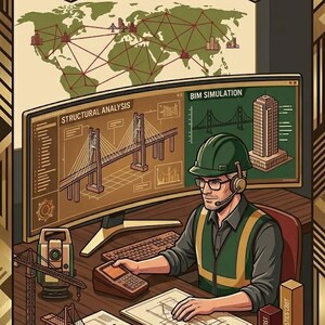 Puede incluir: Ilustración de un ingeniero civil trabajando en análisis estructural y simulación BIM. La imagen incluye planos, una pantalla de ordenador que muestra diseños de puentes y el texto «ANÁLISIS ESTRUCTURAL» y «SIMULACIÓN BIM». La imagen también presenta la bandera estadounidense y un mapa del mundo.