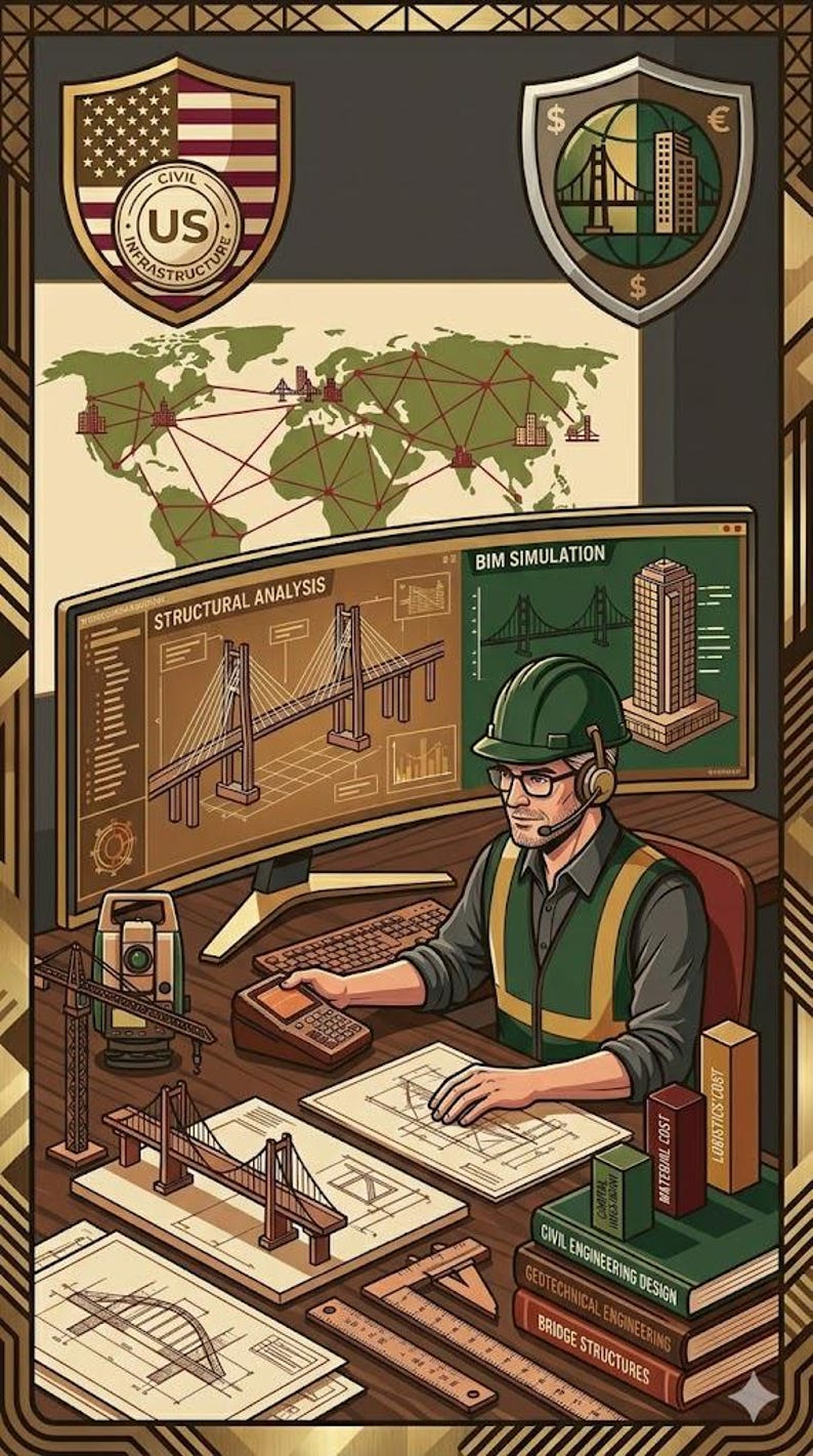 May include: An illustration of a civil engineer at a desk, working on structural analysis and BIM simulation. The image includes blueprints, a computer screen displaying bridge designs, and the text "STRUCTURAL ANALYSIS" and "BIM SIMULATION". The image also features the US flag and a world map.