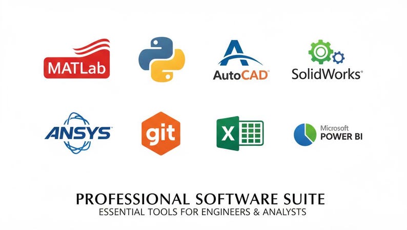 May include: A graphic showcasing logos of professional software, including MATLAB, Python, AutoCAD, SolidWorks, ANSYS, Git, Excel, and Microsoft Power BI. The text reads "PROFESSIONAL SOFTWARE SUITE" and "ESSENTIAL TOOLS FOR ENGINEERS & ANALYSTS."