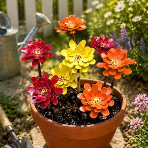 May include: A terracotta pot filled with soil, showcasing a collection of colorful metal flower sculptures. The flowers are in shades of red, yellow, and orange, with detailed petal designs. A gardening trowel and watering can are visible in the background.