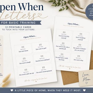 May include: Printable "Open When" letters with prompts like "You need a hug" and "You miss home." The cards are designed to be tucked into letters. Includes a pen, envelope, and a small card that says "Love, Mom."