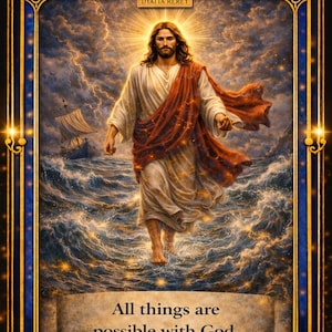 May include: A rectangular trading card featuring a central illustration of a figure in white and red robes walking on turbulent ocean waves. The text ULTRA RARE, DYATTA REREY, and All things are possible with God. — Mark 10:27 are printed on the card.