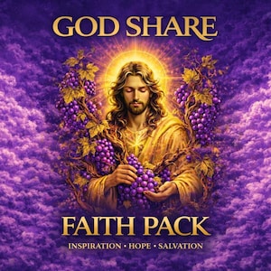 May include: A digital illustration featuring a central figure with long hair and a golden halo, surrounded by purple grapevines against a cloudy purple background. The text reads GOD SHARE, FAITH PACK, and INSPIRATION, HOPE, SALVATION in gold.