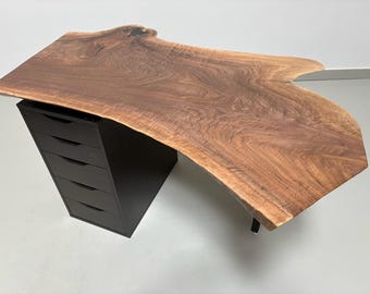unique , one of a kind - natural live edge , solid walnut desk with drawers