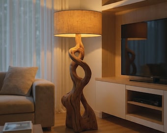 Rzeźbiona lampa podłogowa z drewna dryfującego, organiczne, nowoczesne oświetlenie z drewna, element dekoracyjny